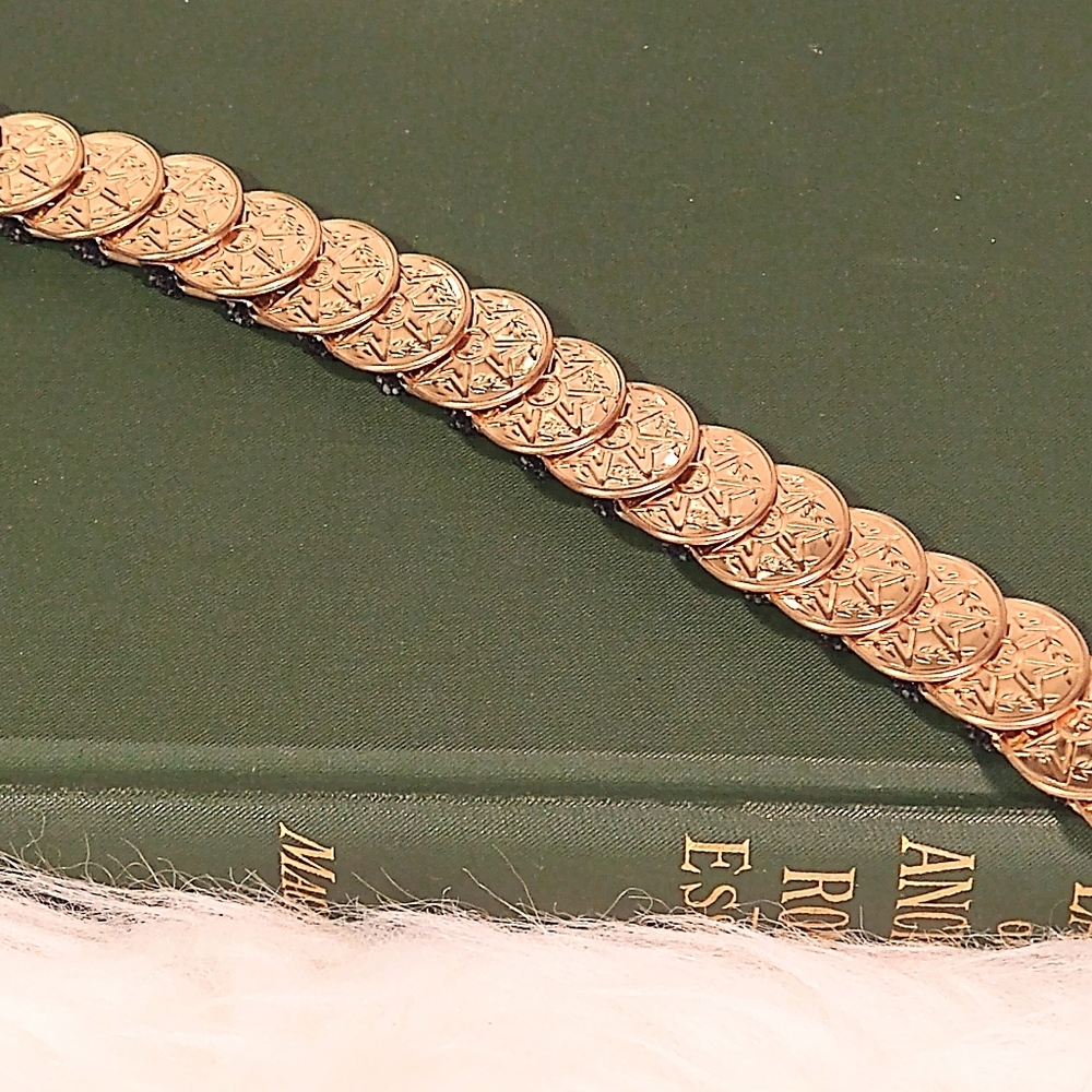 70s gold cross coin cinch stretch belt, clacker belt